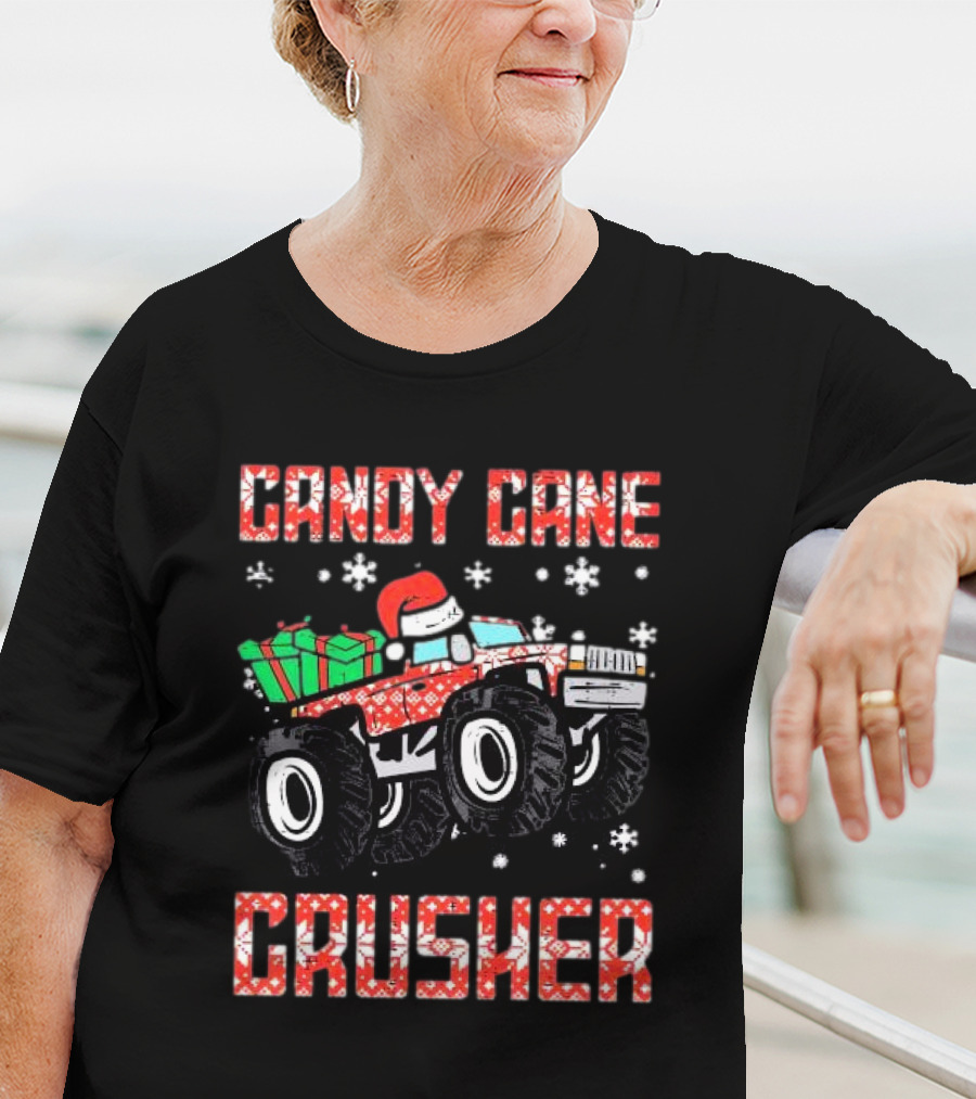 Candy Cane Crusher Christmas Monster Truck Toddler Boys Snowflakes Santa Present T-Shirt