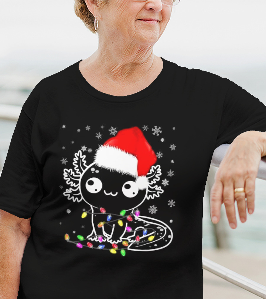 Santa Hat Axolotl Wrapped In Colorful Christmas Lights And Falling Snowflakes T-Shirt