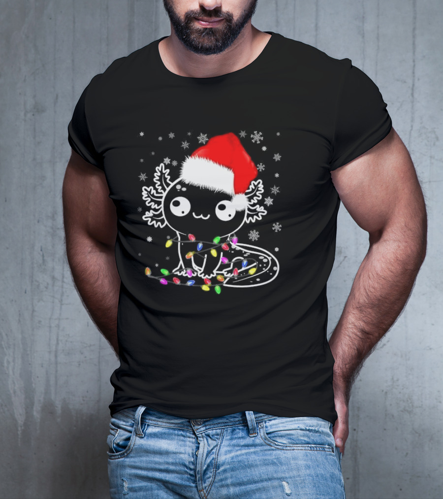 Santa Hat Axolotl Wrapped In Colorful Christmas Lights And Falling Snowflakes T-Shirt