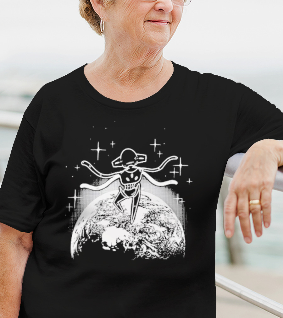 Snacky Boy Deoxys Floating Above Earth With Stars T-Shirt