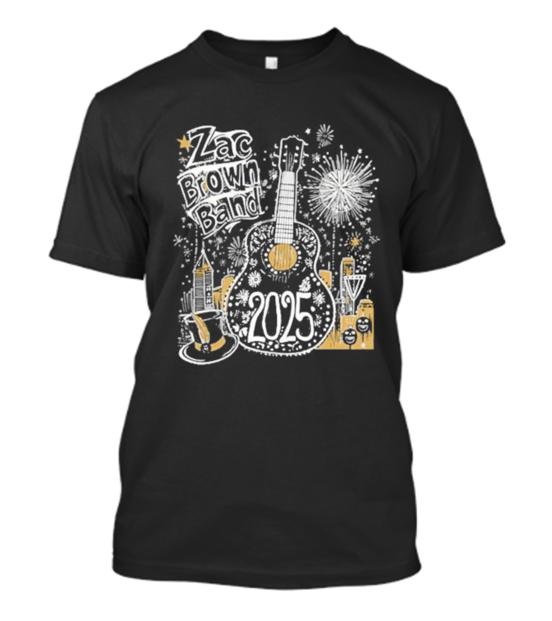Zac Brown Band 2025 New Year's Eve Fireworks Guitar Atlanta Skyline T-Shirt