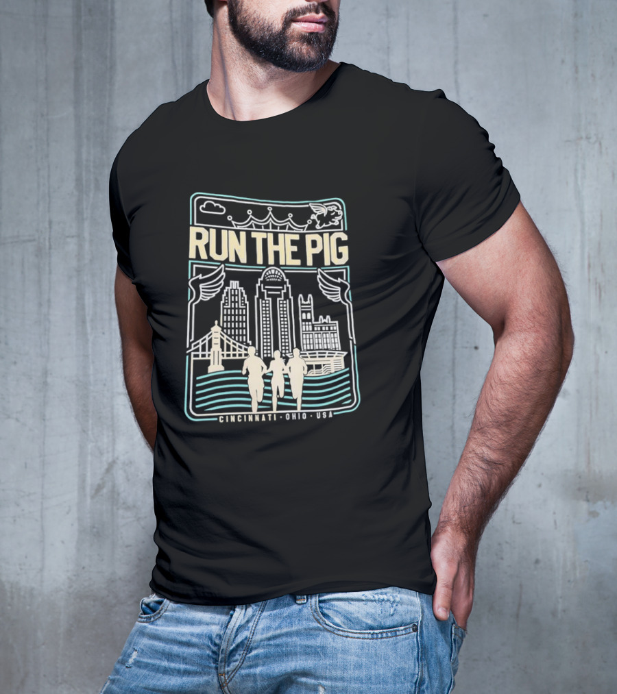 RUN THE PIG Skyline And Runners Cincinnati Ohio USA T-Shirt