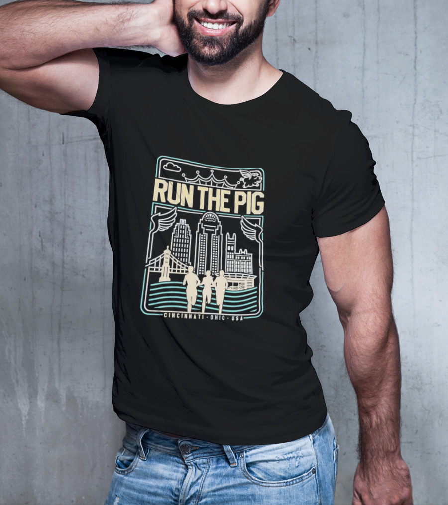 RUN THE PIG Skyline And Runners Cincinnati Ohio USA T-Shirt