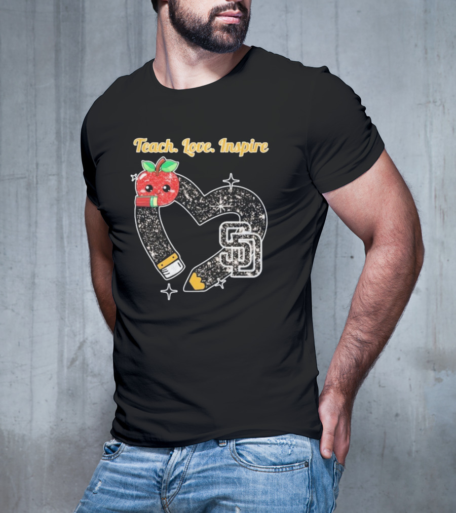 Teach Love Inspire San Diego Padres Sparkling Heart Apple Pencil T-Shirt