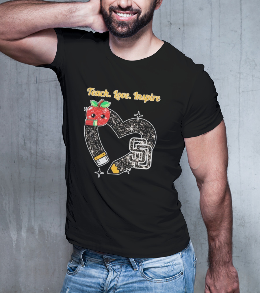 Teach Love Inspire San Diego Padres Sparkling Heart Apple Pencil T-Shirt