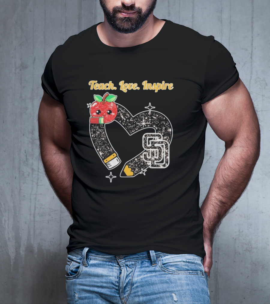 Teach Love Inspire San Diego Padres Sparkling Heart Apple Pencil T-Shirt