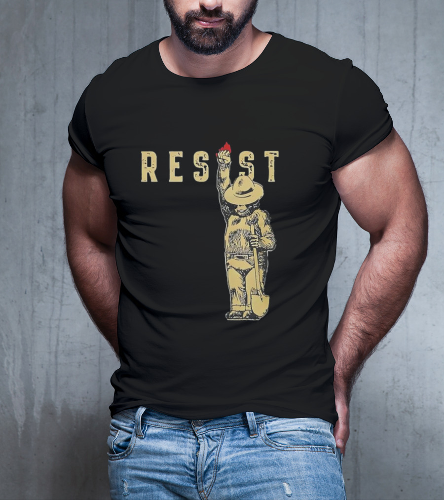 "Smokey Resist Firefighter Bear With Raised Fist And Shovel" T-Shirt