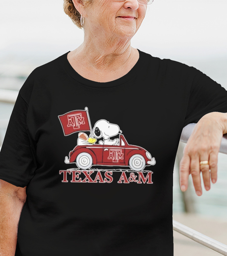 Snoopy Woodstock Driving Texas A&M Car Peanuts T-Shirt
