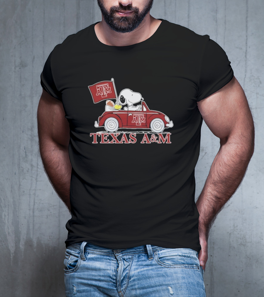 Snoopy Woodstock Driving Texas A&M Car Peanuts T-Shirt