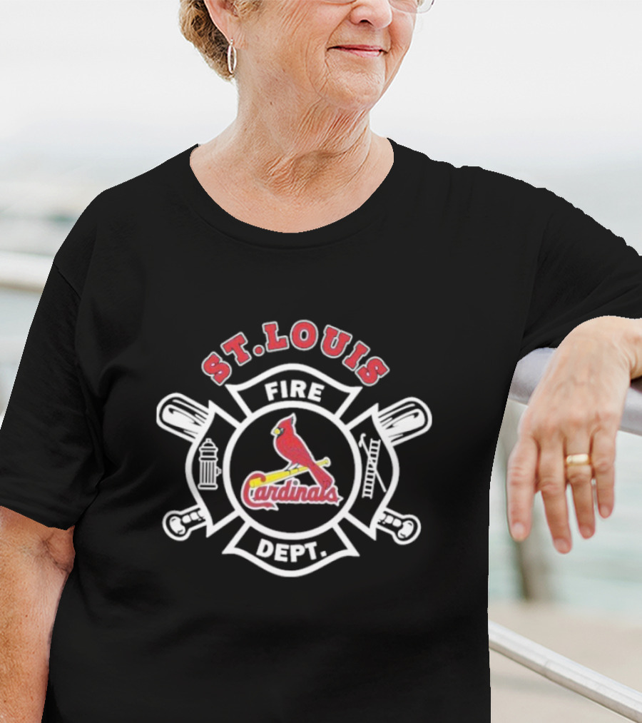 St Louis Cardinals Fire Dept Firefighters MLB Collaboration With Symbolic Badge And Equipment T-Shirt