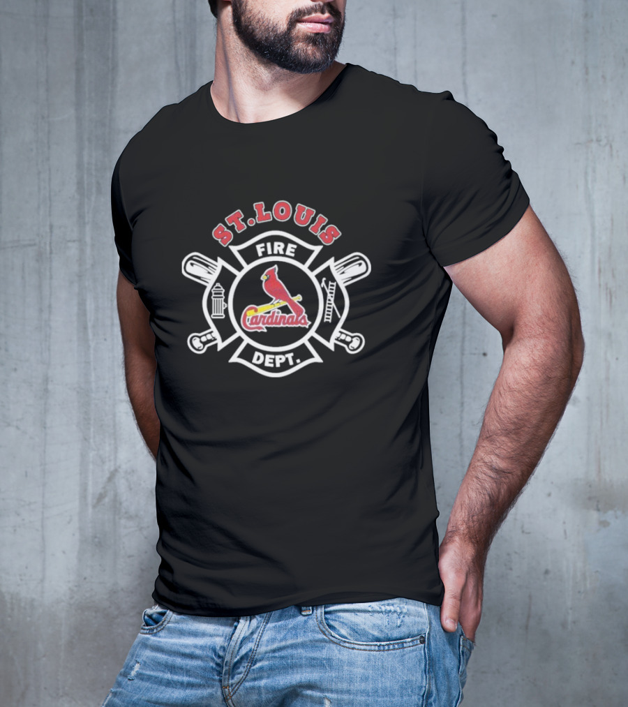 St Louis Cardinals Fire Dept Firefighters MLB Collaboration With Symbolic Badge And Equipment T-Shirt
