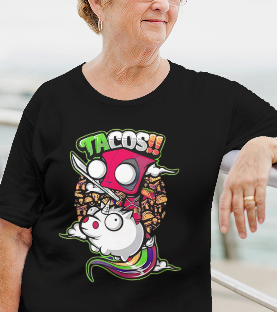 Tacos Deadpool Riding Unicorn Surrounded By Tacos Cartoon T-Shirt