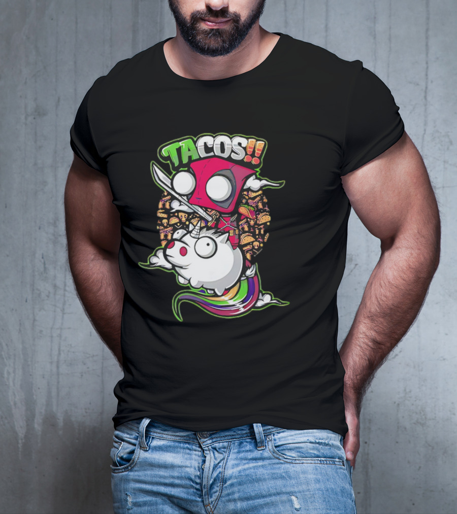 Tacos Deadpool Riding Unicorn Surrounded By Tacos Cartoon T-Shirt