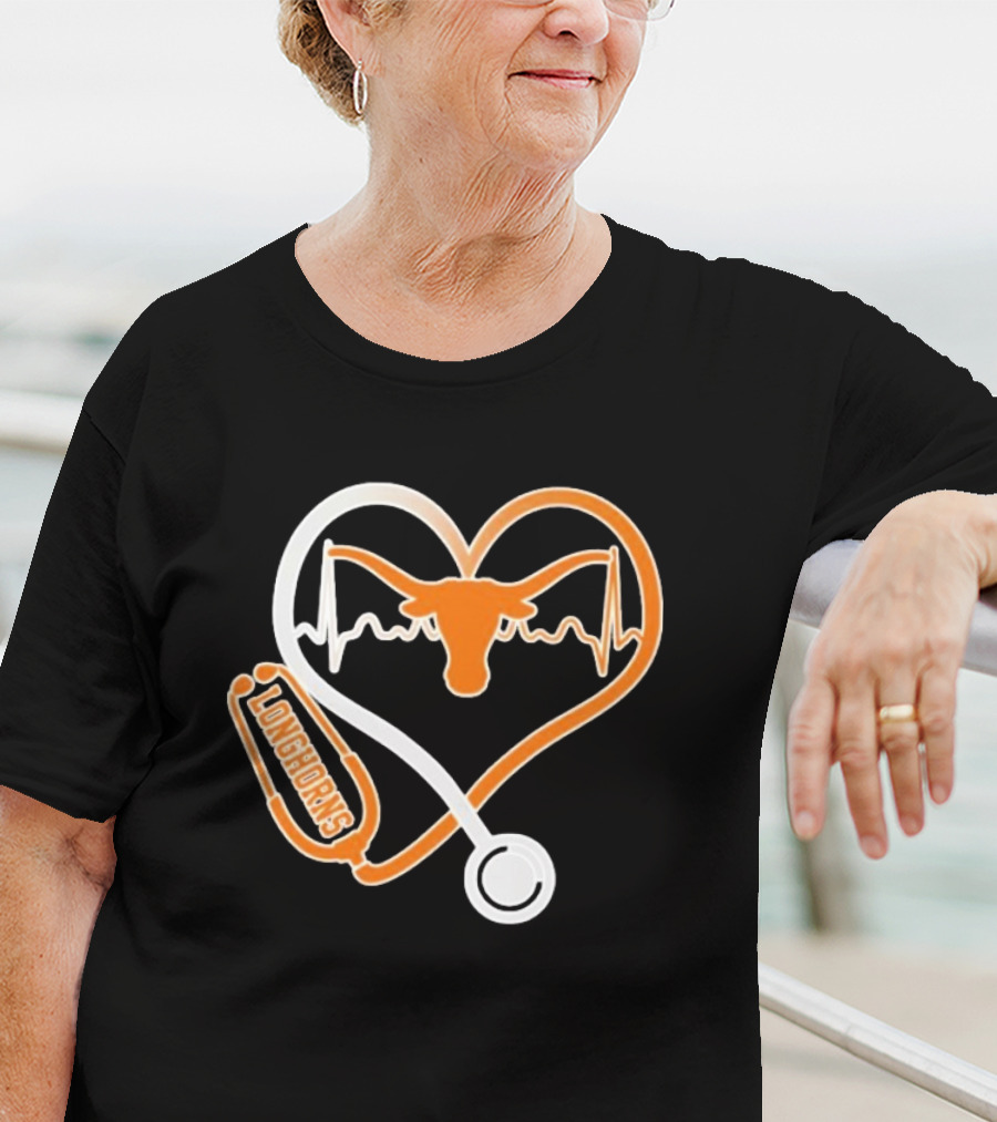 Texas Longhorns Caring Hearts Nurse Stethoscope Heartbeat T-Shirt
