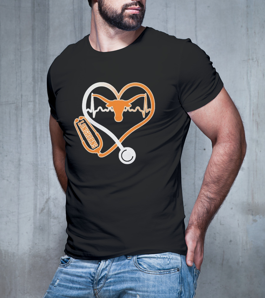 Texas Longhorns Caring Hearts Nurse Stethoscope Heartbeat T-Shirt