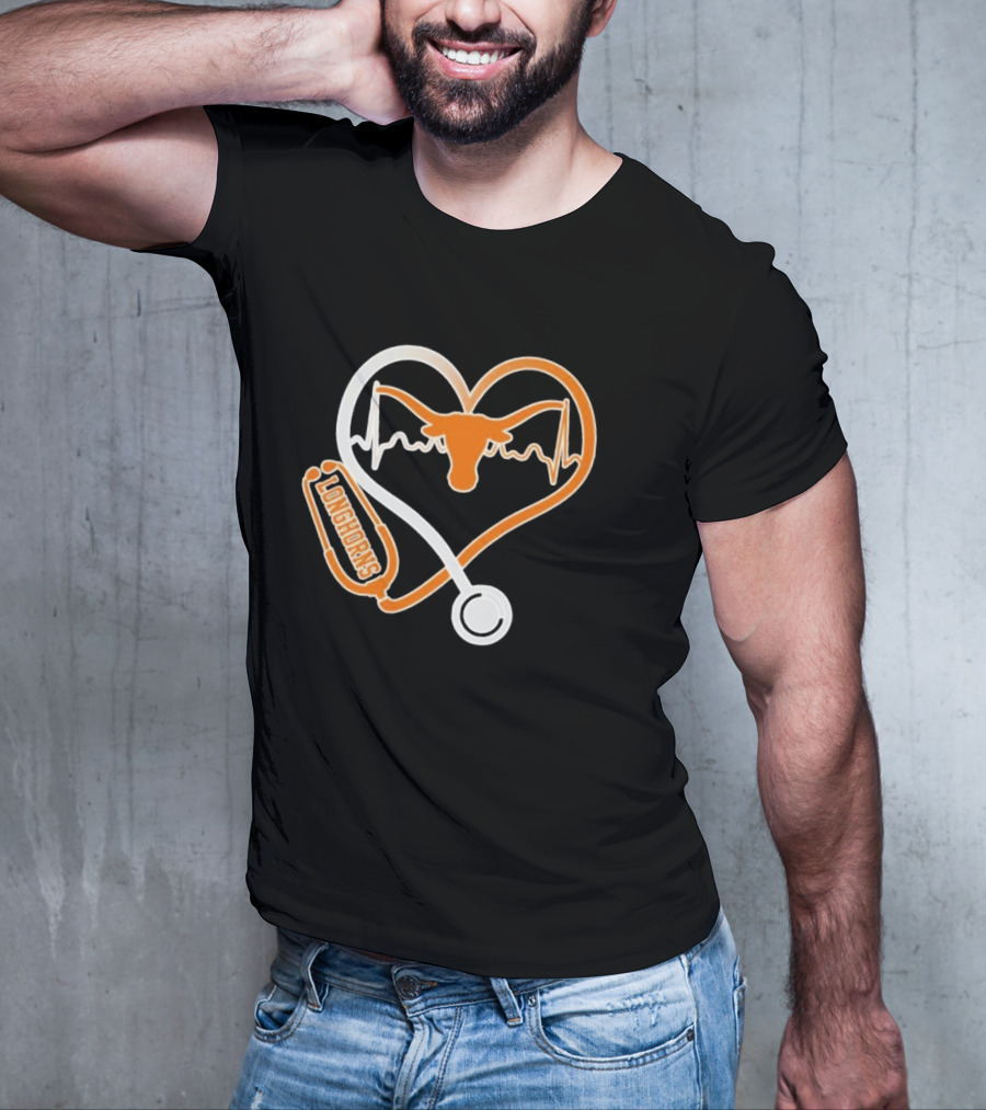 Texas Longhorns Caring Hearts Nurse Stethoscope Heartbeat T-Shirt