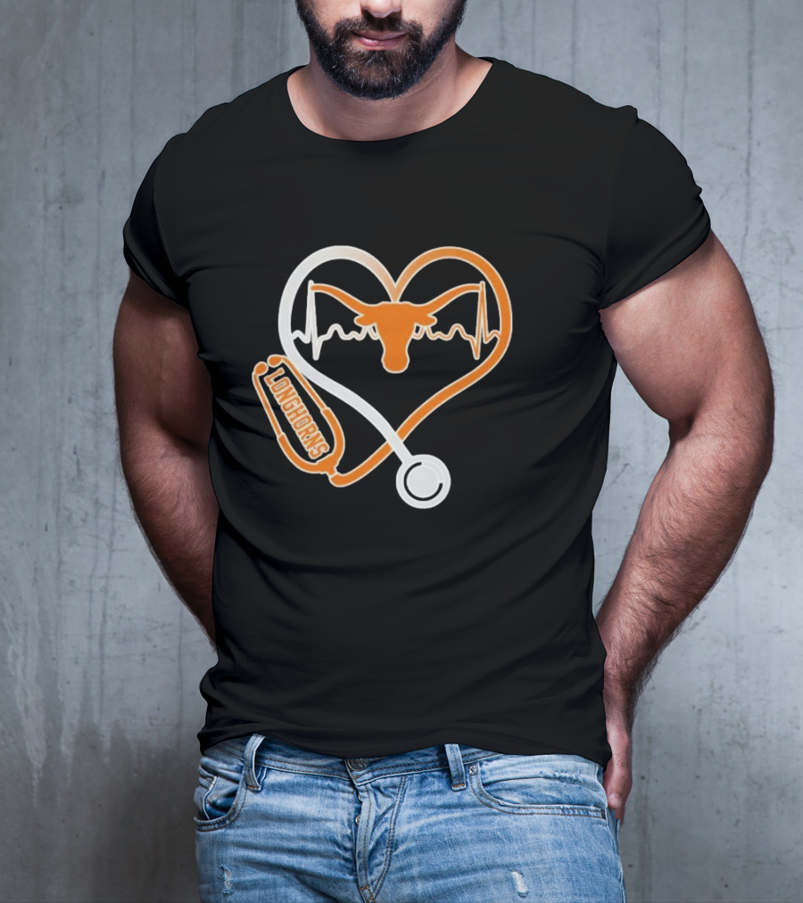 Texas Longhorns Caring Hearts Nurse Stethoscope Heartbeat T-Shirt