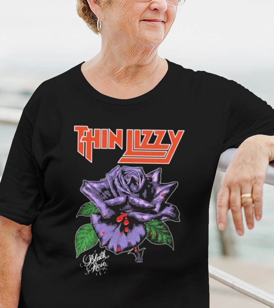 Thin Lizzy Black Rose With Purple Flower And Green Leaves T-Shirt