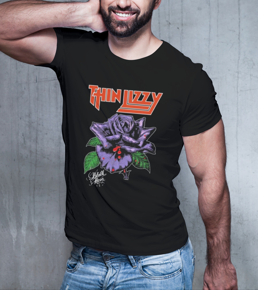 Thin Lizzy Black Rose With Purple Flower And Green Leaves T-Shirt