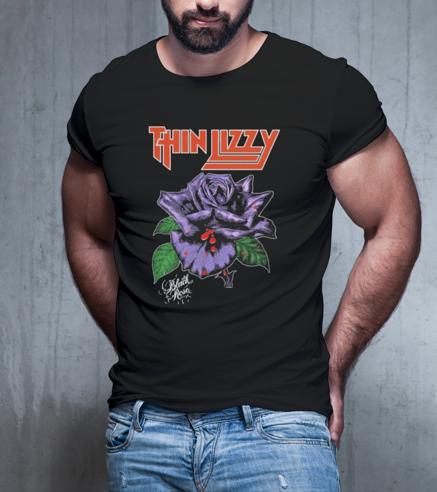 Thin Lizzy Black Rose With Purple Flower And Green Leaves T-Shirt