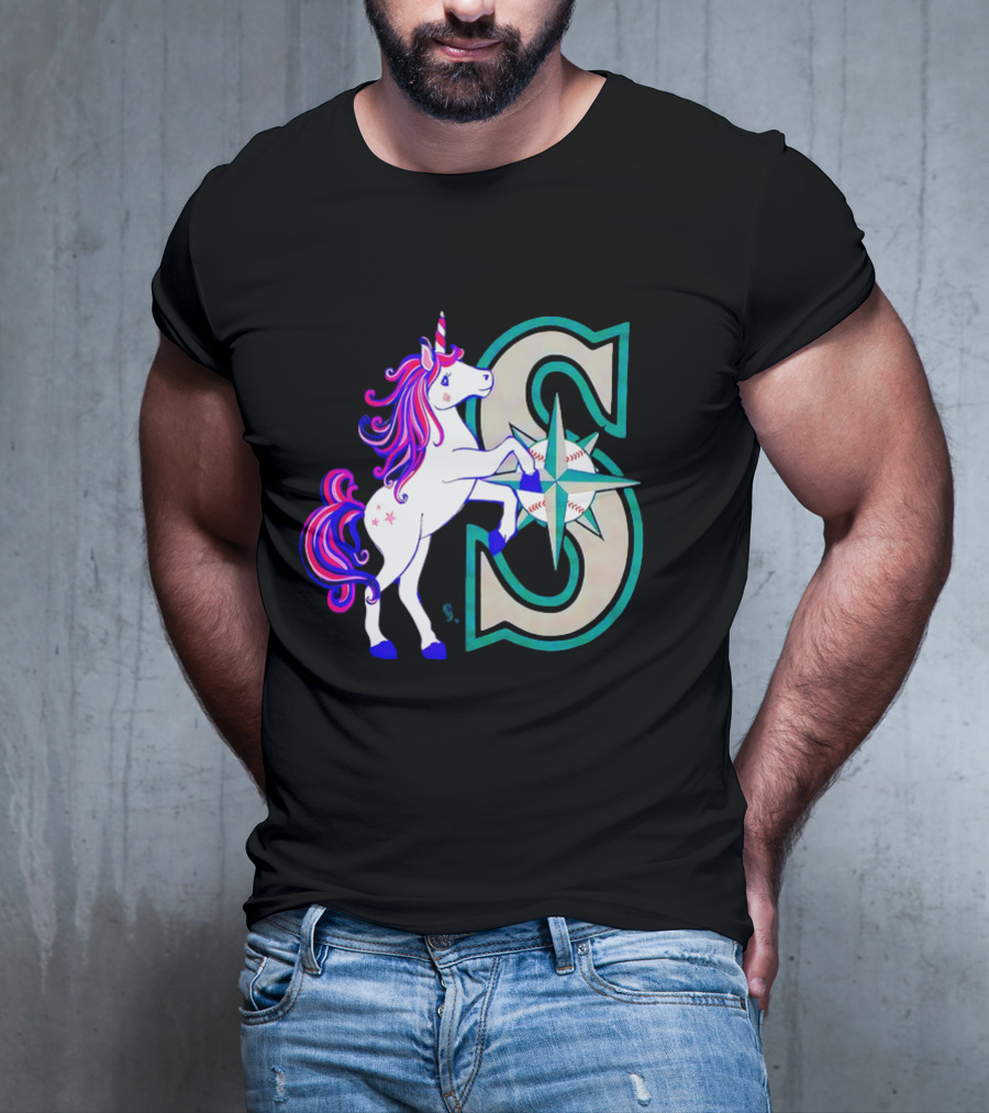 Unicorn Seattle Mariners Baseball Emblem With Compass And Stars T-Shirt
