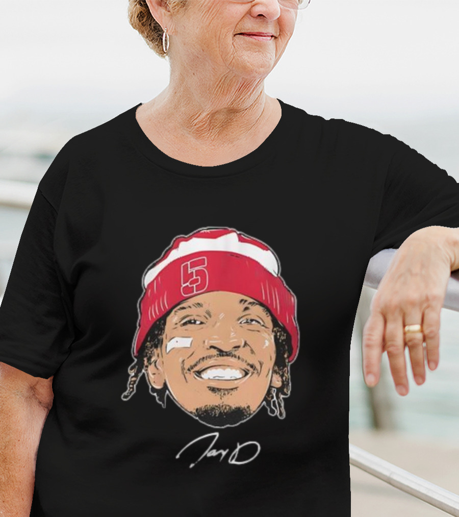 Washington Commanders Jayden Daniels Signature Face Bandage Number 5 Beanie T-Shirt