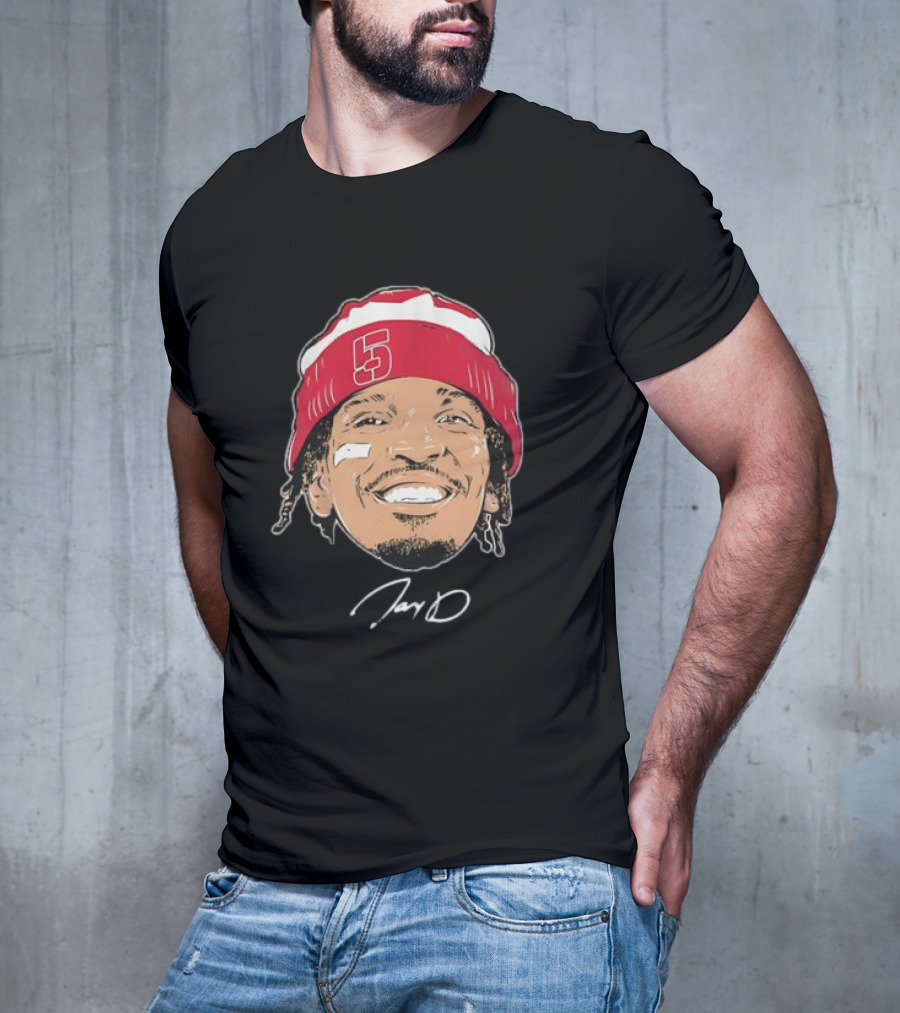 Washington Commanders Jayden Daniels Signature Face Bandage Number 5 Beanie T-Shirt