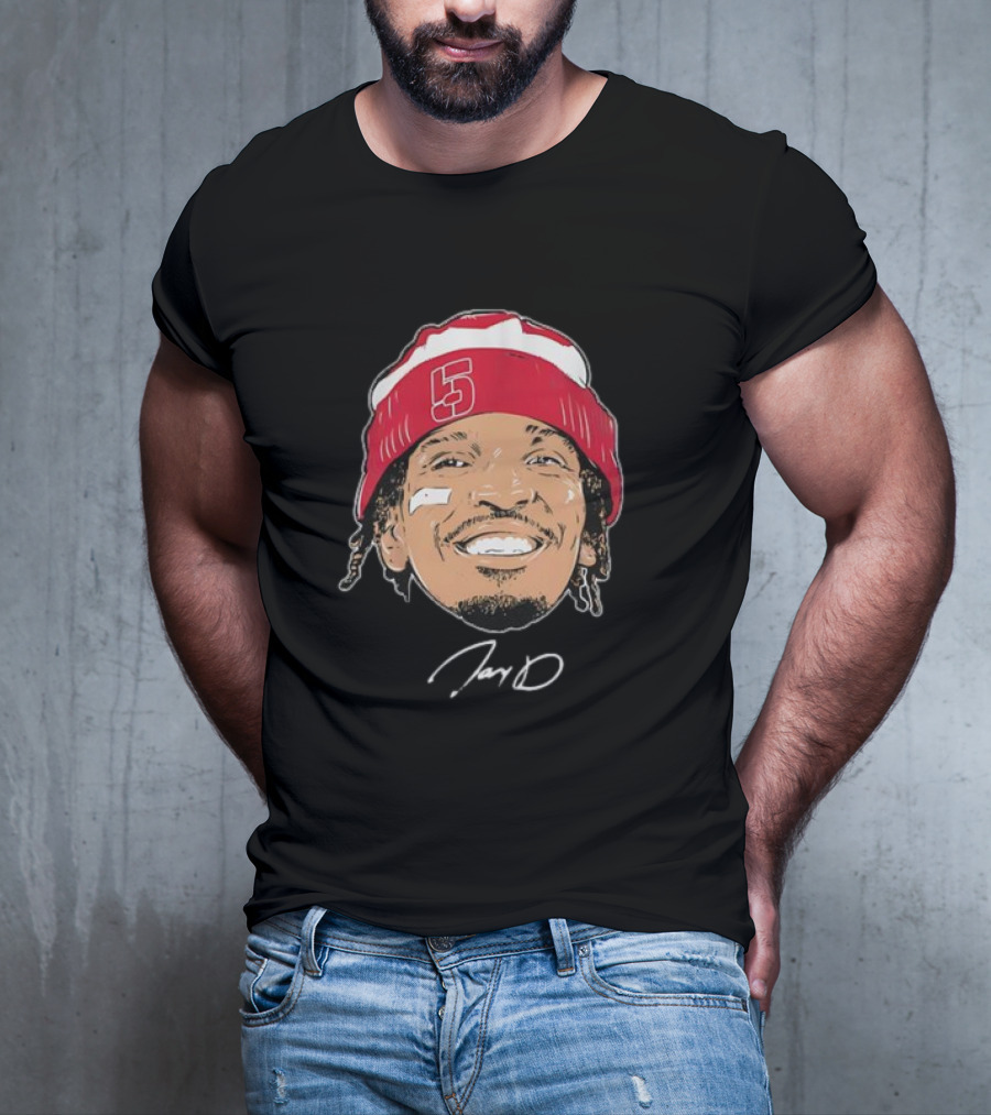 Washington Commanders Jayden Daniels Signature Face Bandage Number 5 Beanie T-Shirt