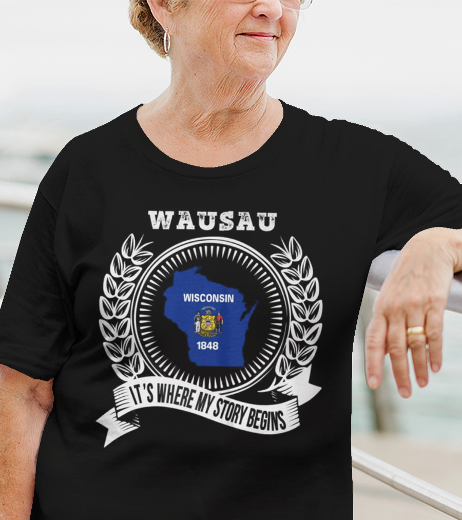 WAUSAU Wisconsin 1848 State Outline Emblem T-Shirt