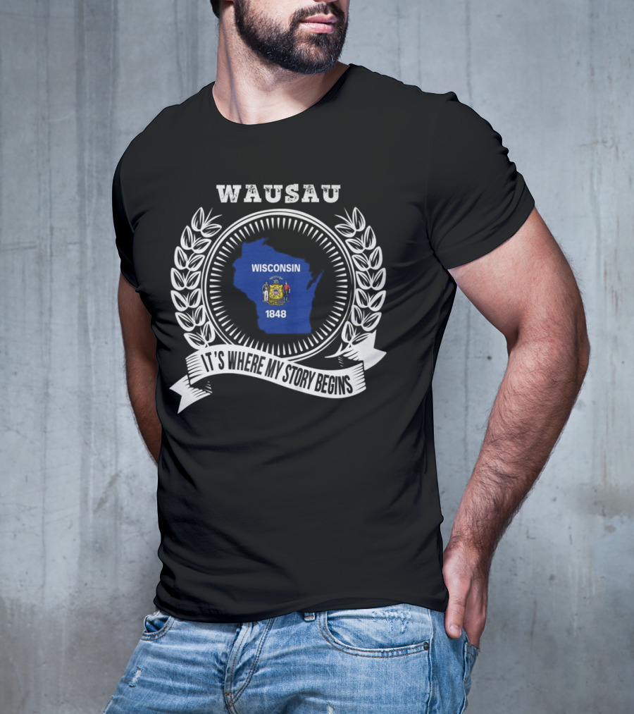 WAUSAU Wisconsin 1848 State Outline Emblem T-Shirt