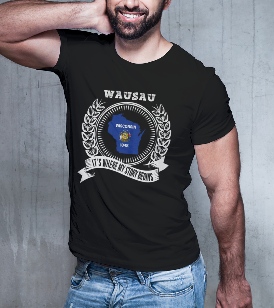 WAUSAU Wisconsin 1848 State Outline Emblem T-Shirt
