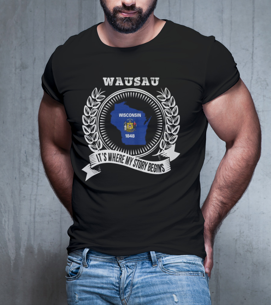 WAUSAU Wisconsin 1848 State Outline Emblem T-Shirt