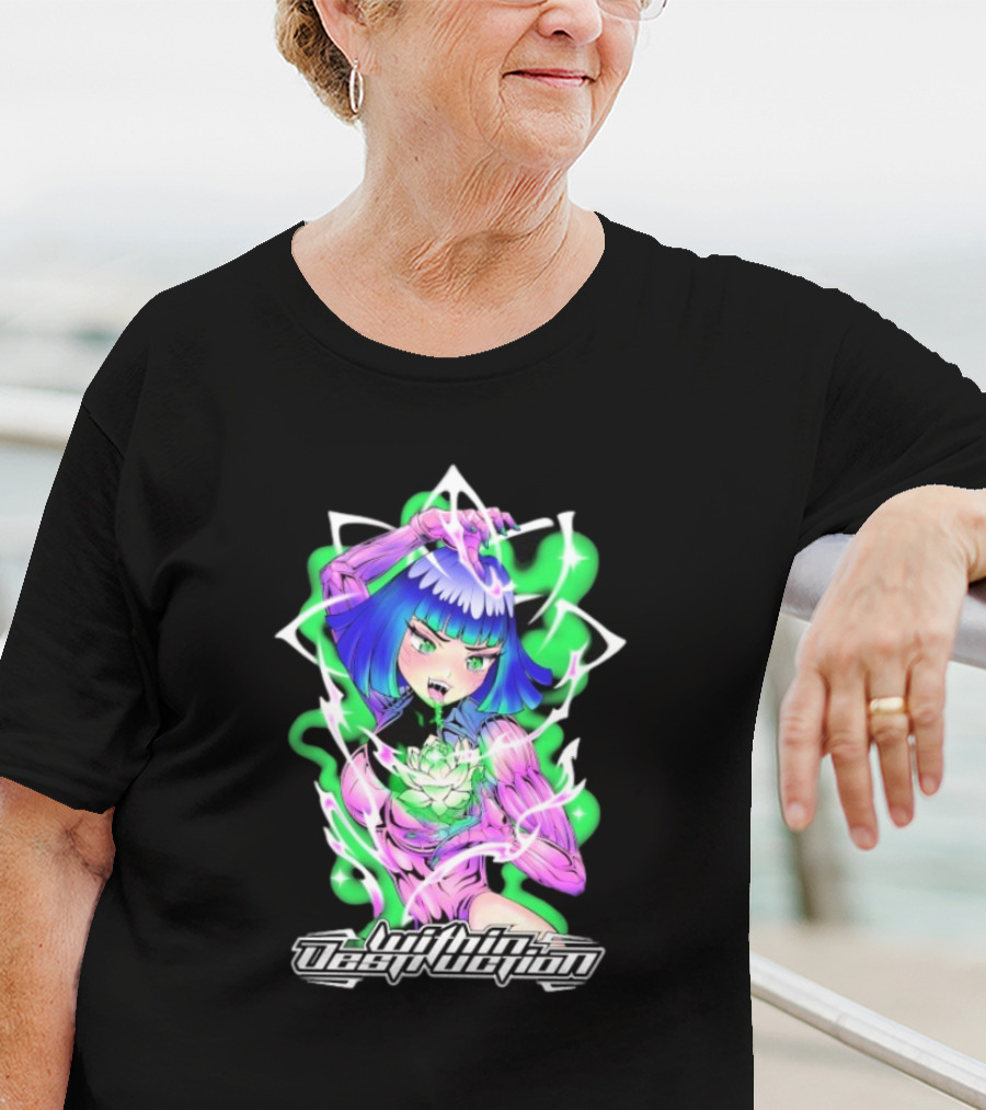 Within Destruction Lotus Anime Neon Girl With White Flower T-Shirt
