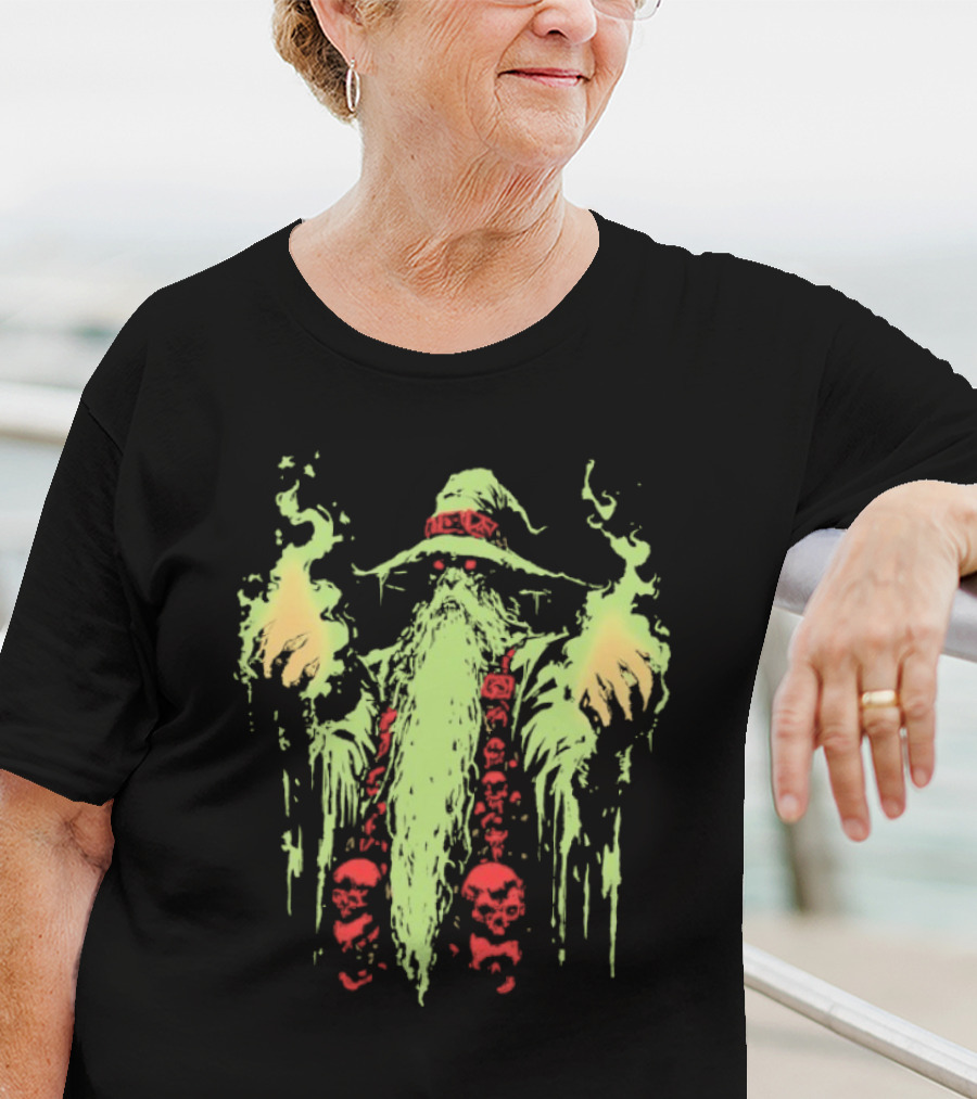 Wizard Of Doom Psychedelic Wizardry With Glowing Aura And Skull Elements T-Shirt