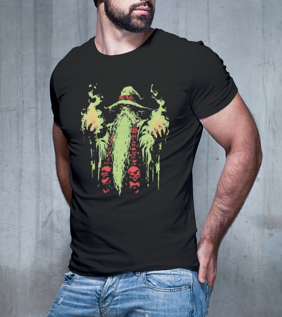 Wizard Of Doom Psychedelic Wizardry With Glowing Aura And Skull Elements T-Shirt