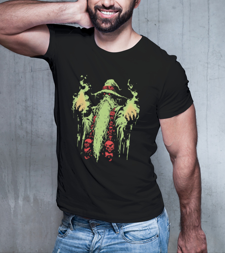 Wizard Of Doom Psychedelic Wizardry With Glowing Aura And Skull Elements T-Shirt