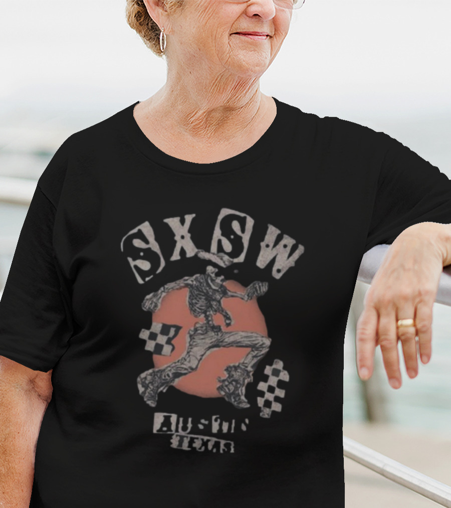 SXSW Bones Running Skeleton Austin Texas Checkered Flag Theme T-Shirt