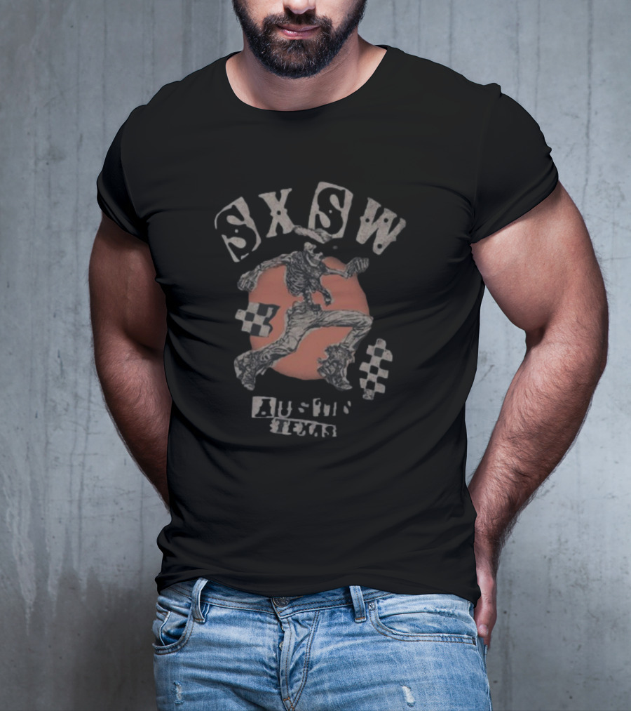 SXSW Bones Running Skeleton Austin Texas Checkered Flag Theme T-Shirt