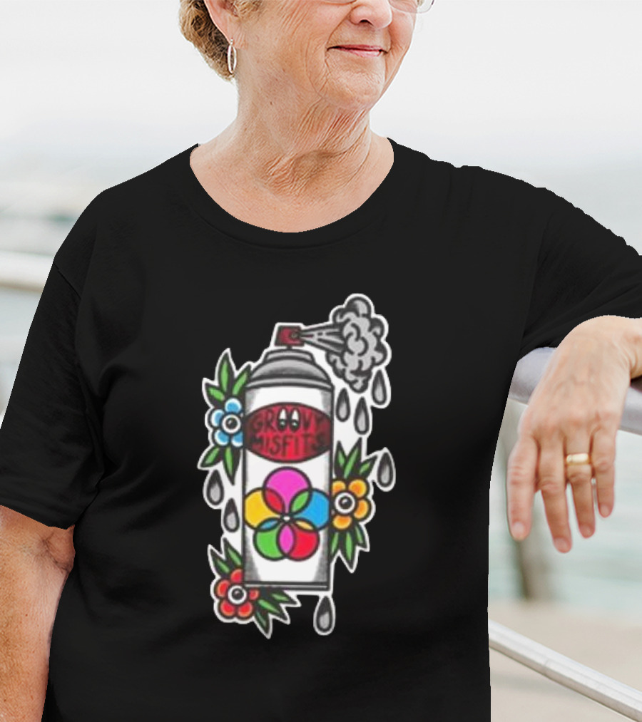 Tan Clemons Groovy Misfits Rattle Can Flower Power Design T-Shirt