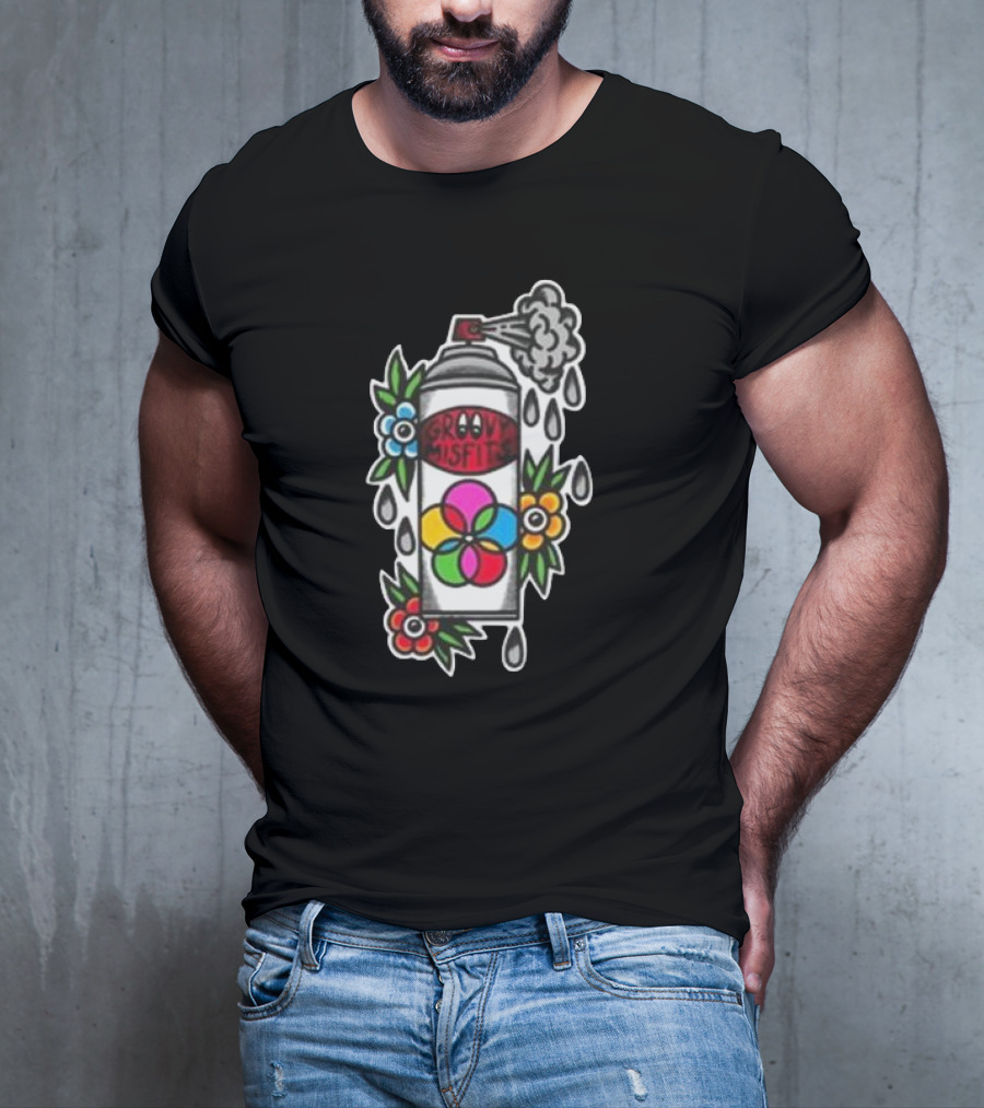 Tan Clemons Groovy Misfits Rattle Can Flower Power Design T-Shirt