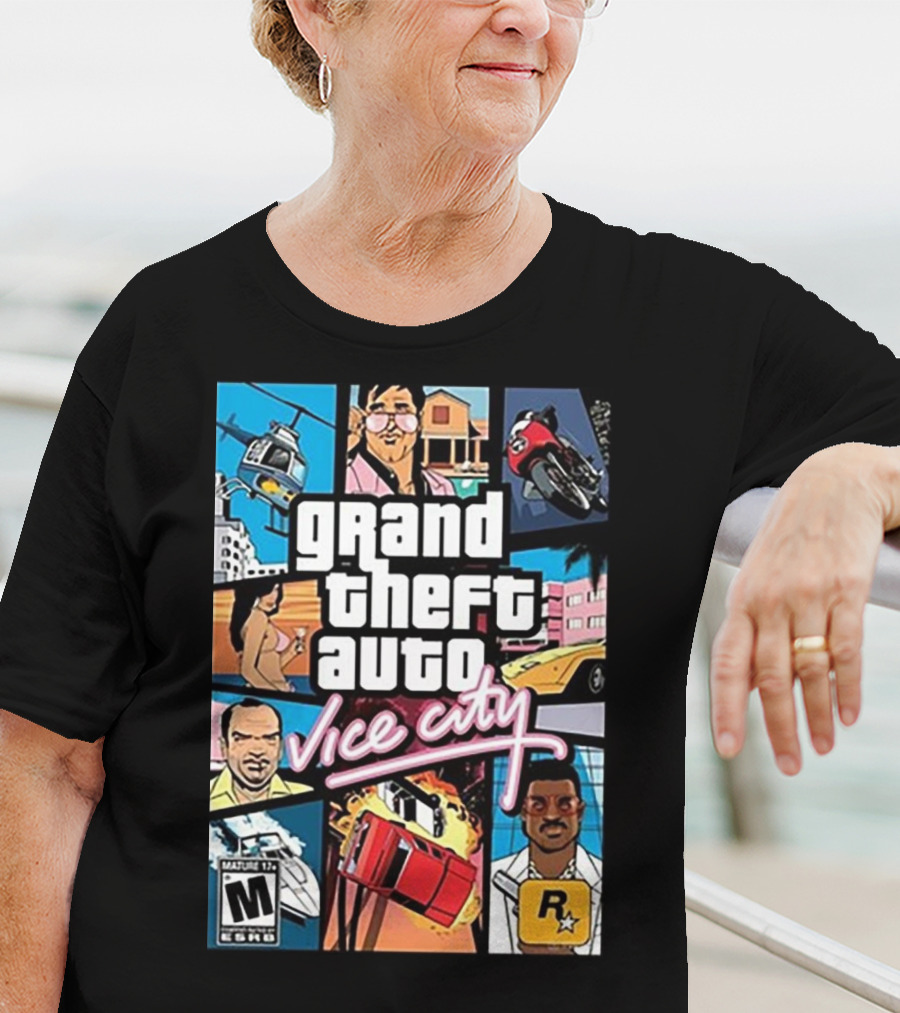 Grand Theft Auto Vice City Game Cover Art Helicopter Motorcycle Car Explosion R Star Logo T-Shirt
