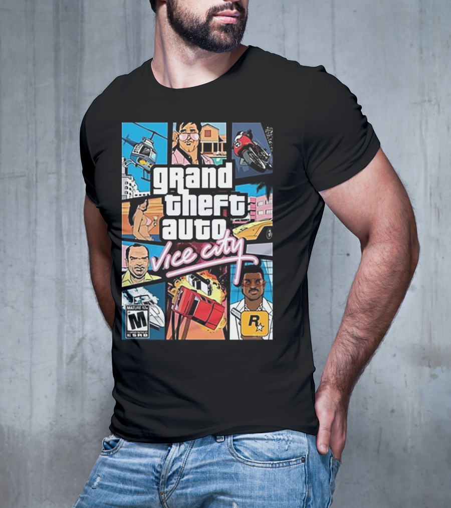 Grand Theft Auto Vice City Game Cover Art Helicopter Motorcycle Car Explosion R Star Logo T-Shirt