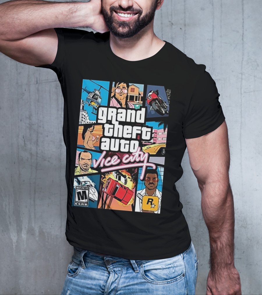 Grand Theft Auto Vice City Game Cover Art Helicopter Motorcycle Car Explosion R Star Logo T-Shirt