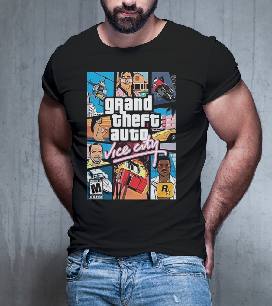Grand Theft Auto Vice City Game Cover Art Helicopter Motorcycle Car Explosion R Star Logo T-Shirt