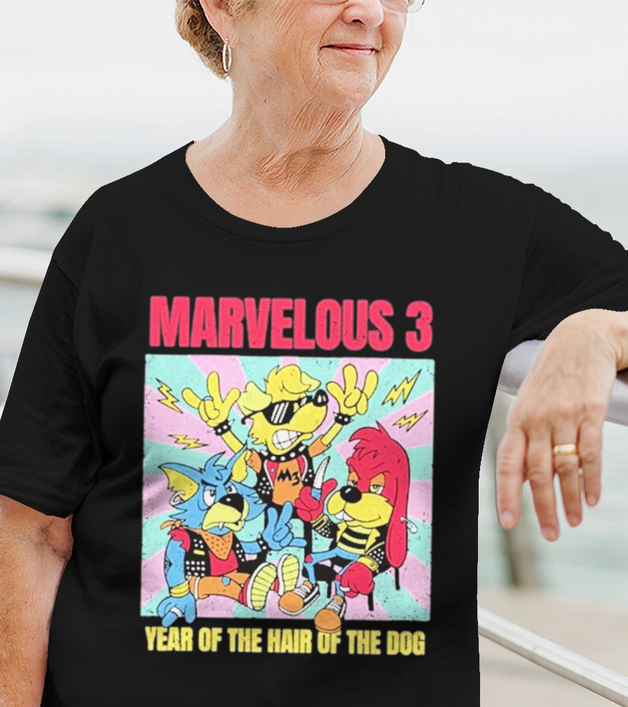 Marvelous 3 Year Of The Hair Of The Dog Cartoon Dogs With Punk Outfits And Sunglasses T-Shirt