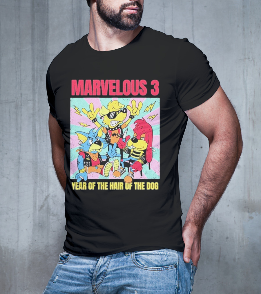 Marvelous 3 Year Of The Hair Of The Dog Cartoon Dogs With Punk Outfits And Sunglasses T-Shirt