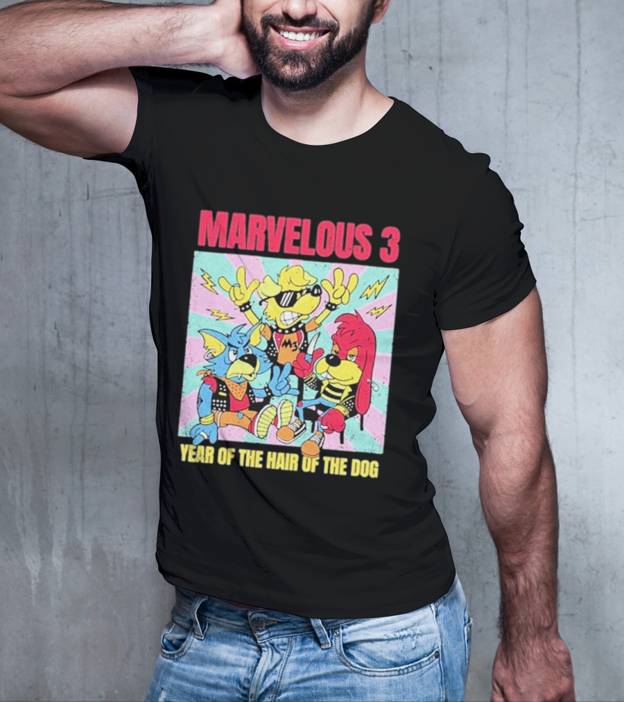 Marvelous 3 Year Of The Hair Of The Dog Cartoon Dogs With Punk Outfits And Sunglasses T-Shirt