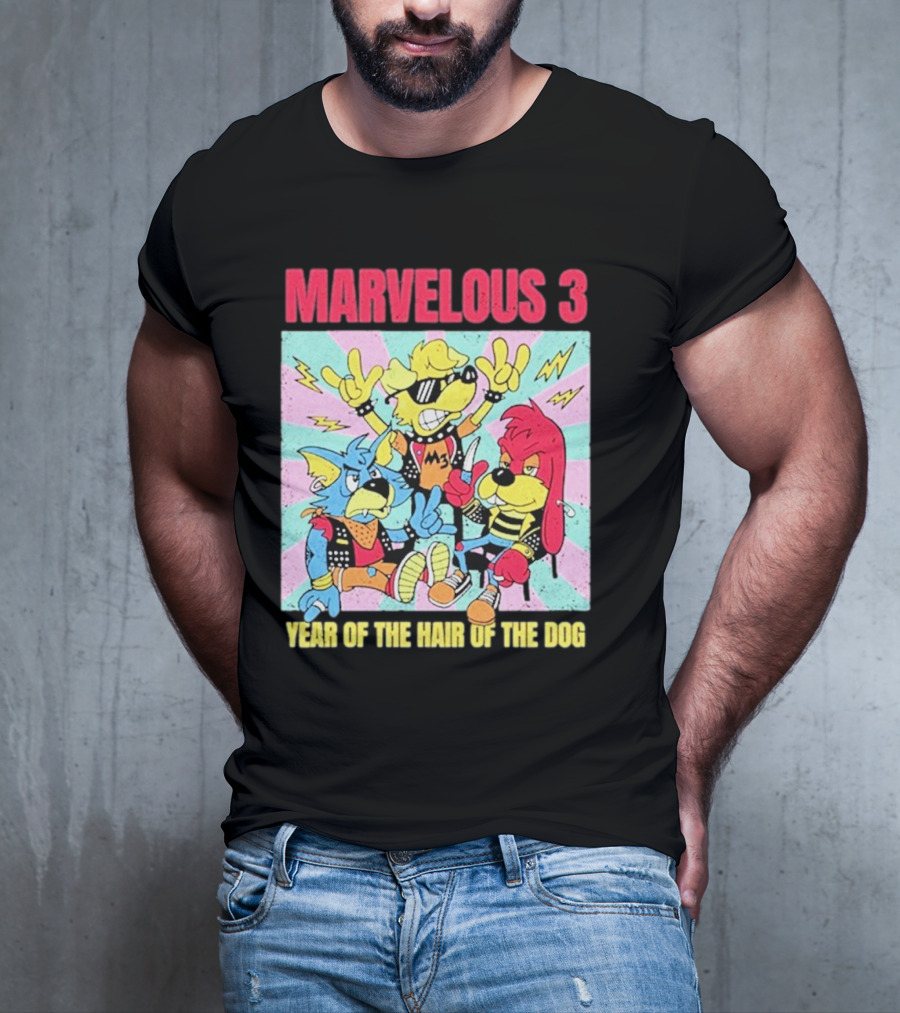 Marvelous 3 Year Of The Hair Of The Dog Cartoon Dogs With Punk Outfits And Sunglasses T-Shirt