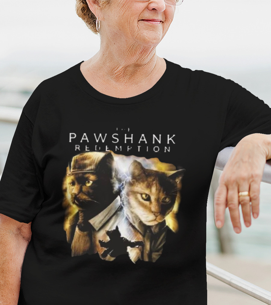 Pawshank Redemption Cat Movie Parody With Lightning And Cats In Prison Uniforms T-Shirt