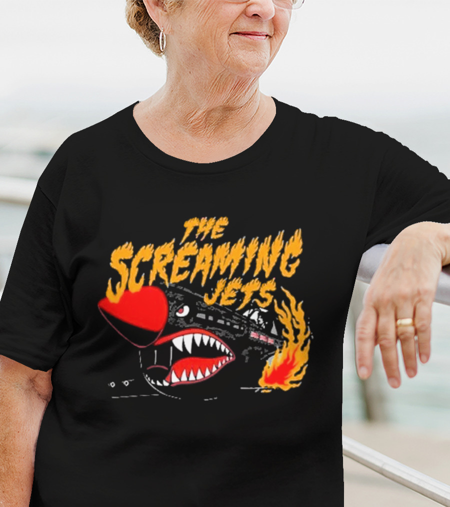 The Screaming Jets Flaming Jet With Fiery Cartoon Jet Fighter T-Shirt